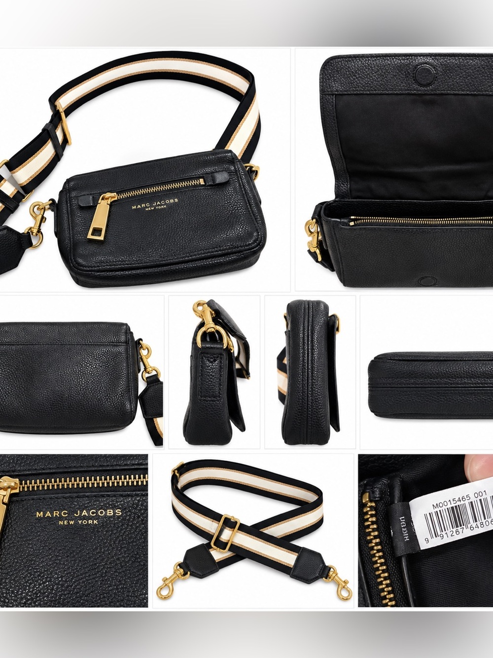 Marc Jacobs Black Leather Crossbody with Gold Hardware and Striped Strap - Picture 2 of 2